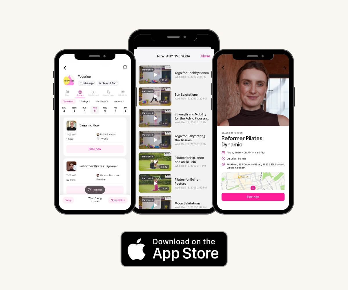 Three screenshots of the Yogarise Mobile App, including schedule On Demand and teacher profiles.