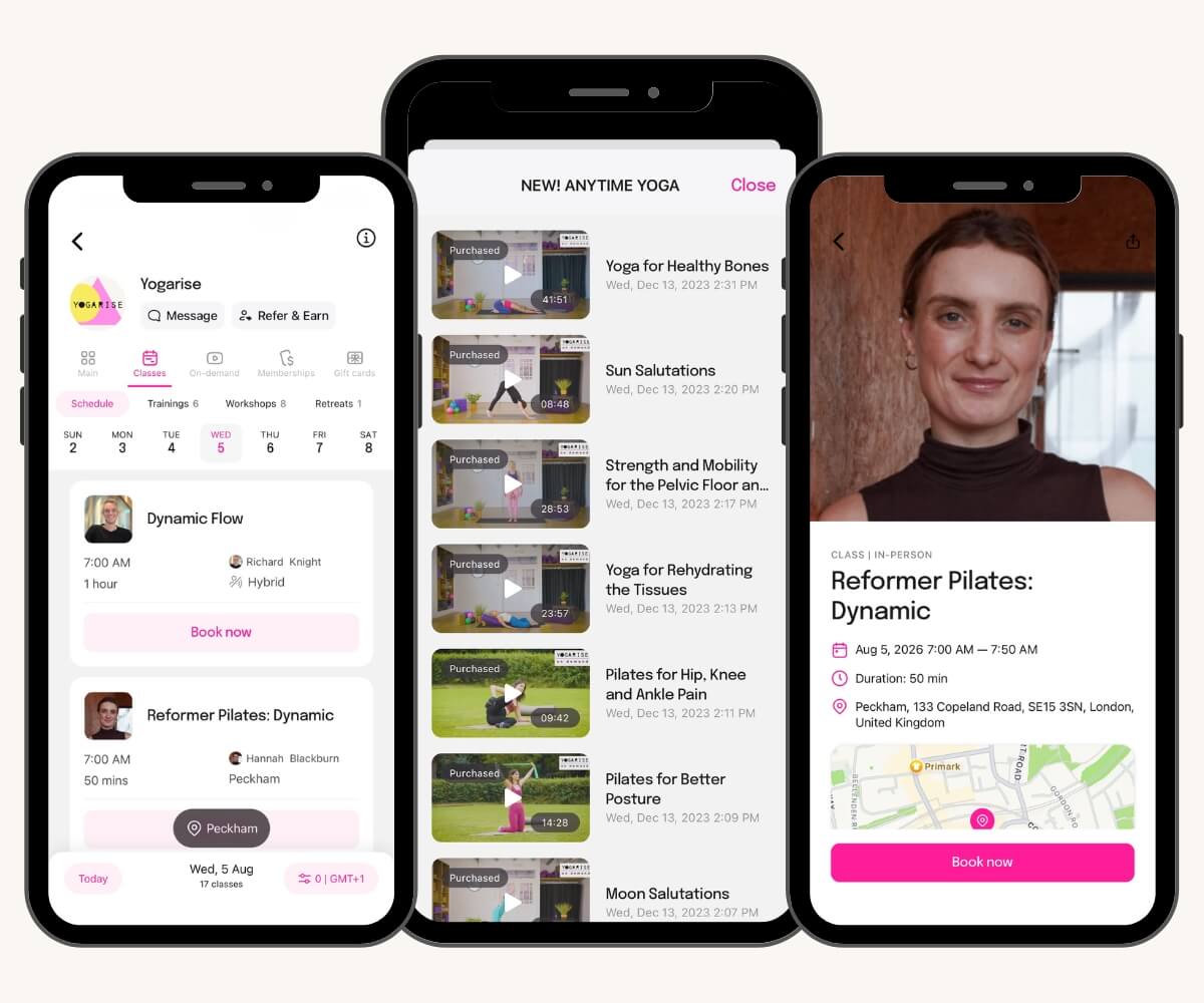 Download the Momence App on the App Store (1) Three screenshots of the Yogarise Mobile App, including schedule On Demand and teacher profiles.